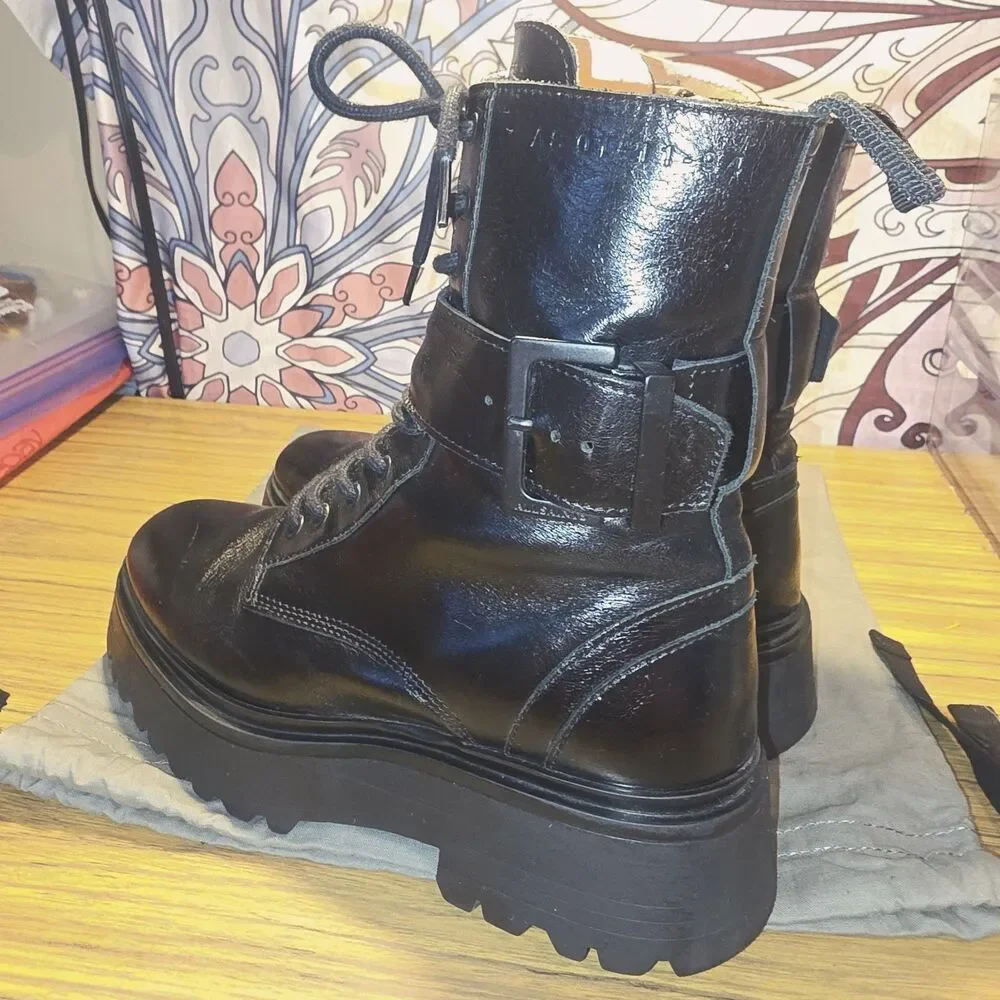 ALLSAINTS Sz 7 ONYX Black Combat Lace Up Zipper Buckle Lug Sole Moto Biker Boots - Picture 11 of 16
